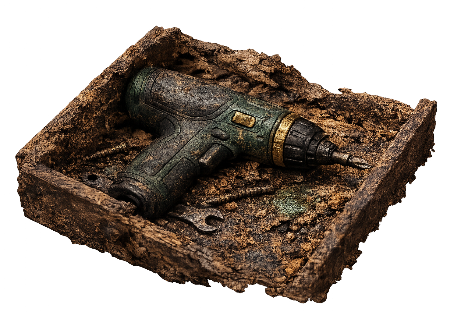 A powerful drill left buried and corroding in its box
